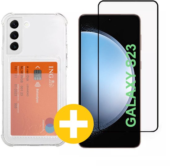Pashouder Hoesje en Screenprotector Combi Geschikt Voor Samsung S23 - Pasjeshouder + Premium Screenprotector