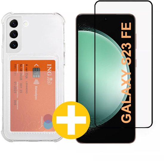 Pashouder Hoesje en Screenprotector Combi Geschikt Voor Samsung S23 FE (Fan Edition) - Pasjeshouder + Premium Screenprotector