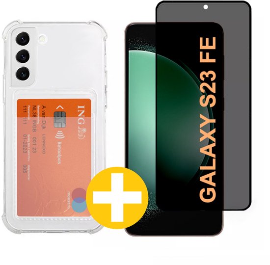 Pashouder Hoesje en Privacy Screenprotector Combi Geschikt Voor Samsung S23 FE (Fan Edition) - Pasjeshouder + Privacy Screenprotector
