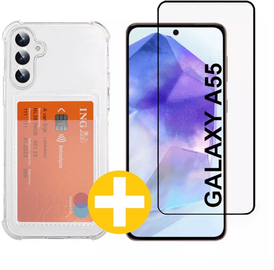 Pashouder Hoesje en Screenprotector Combi Geschikt Voor Samsung A55 - Pasjeshouder + Premium Screenprotector