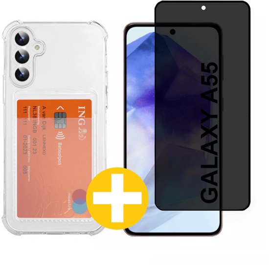 Pashouder Hoesje en Privacy Screenprotector Combi Geschikt Voor Samsung A55 - Pasjeshouder + Privacy Screenprotector