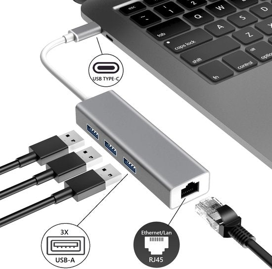 Lennexo USB-C 4 in 1 LAN Netwerk Adapter | Ethernet + USB | Geschikt voor Macbook / Windows / Chromebook