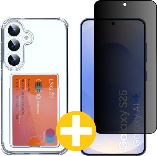 Pashouder Hoesje en Privacy Screenprotector Combi Geschikt Voor Samsung S25 - Pasjeshouder + Privacy Screenprotector