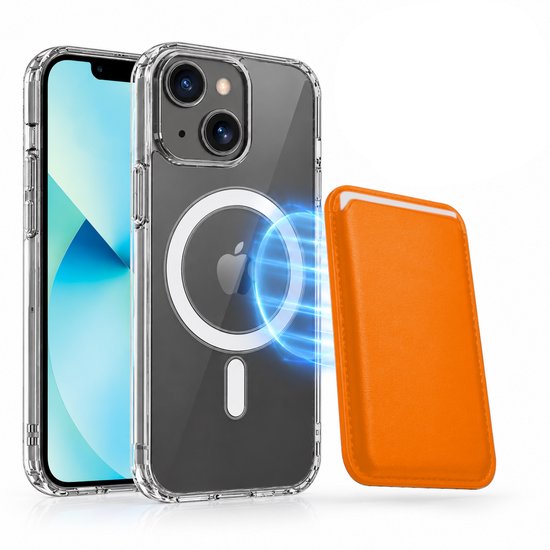 Magnetisch Hoesje Geschikt voor Magsafe inclusief Pasjeshouder - Creditkaarthouder - Hoesje + Kaarthouder Geschikt voor iPhone 13 - Oranje