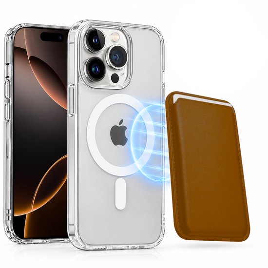 Magnetisch Hoesje Geschikt voor Magsafe inclusief Pasjeshouder - Creditkaarthouder - Hoesje + Kaarthouder Geschikt voor iPhone 16 Pro Max - Bruin