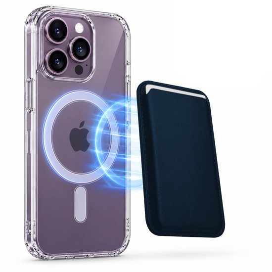 Magnetisch Hoesje Geschikt voor Magsafe inclusief Pasjeshouder - Creditkaarthouder - Hoesje + Kaarthouder Geschikt voor iPhone 14 Pro - Blauw