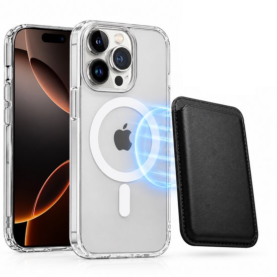 Magnetisch Hoesje Geschikt voor Magsafe inclusief Pasjeshouder - Creditkaarthouder - Hoesje + Kaarthouder Geschikt voor iPhone 16 Pro Max - Zwart