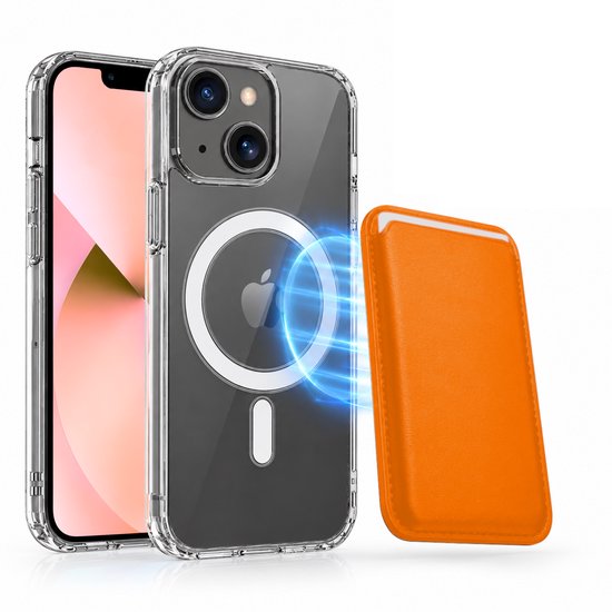 Magnetisch Hoesje Geschikt voor Magsafe inclusief Pasjeshouder - Creditkaarthouder - Hoesje + Kaarthouder Geschikt voor iPhone 13 Mini - Oranje