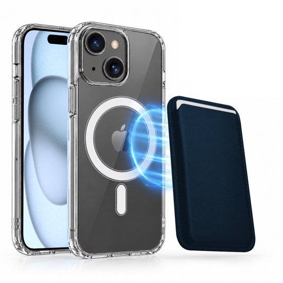 Magnetisch Hoesje Geschikt voor Magsafe inclusief Pasjeshouder - Creditkaarthouder - Hoesje + Kaarthouder Geschikt voor iPhone 15 Plus - Blauw