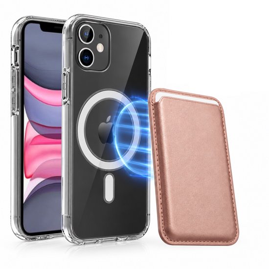 Magnetisch Hoesje Geschikt voor Magsafe inclusief Pasjeshouder - Creditkaarthouder - Hoesje + Kaarthouder Geschikt voor iPhone 11 - Rosé Goud
