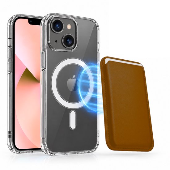 Magnetisch Hoesje Geschikt voor Magsafe inclusief Pasjeshouder - Creditkaarthouder - Hoesje + Kaarthouder Geschikt voor iPhone 13 Mini - Bruin