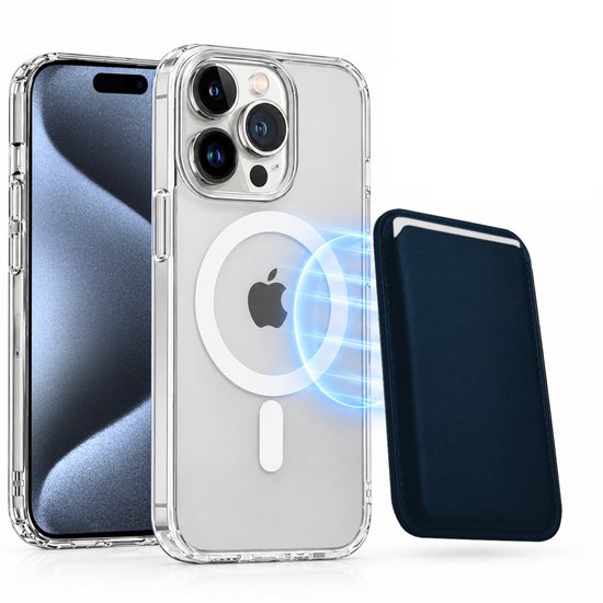Magnetisch Hoesje Geschikt voor Magsafe inclusief Pasjeshouder - Creditkaarthouder - Hoesje + Kaarthouder Geschikt voor iPhone 15 Pro Max - Blauw