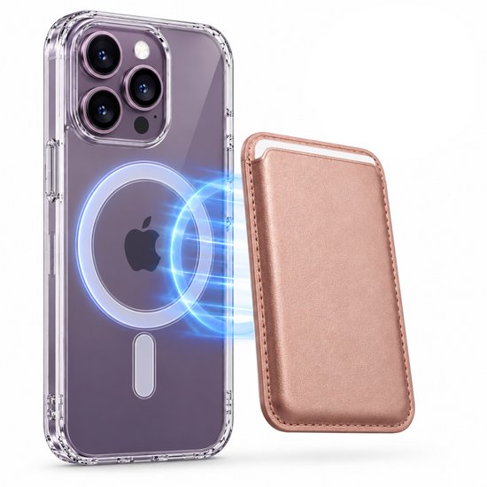 Magnetisch Hoesje Geschikt voor Magsafe inclusief Pasjeshouder - Creditkaarthouder - Hoesje + Kaarthouder Geschikt voor iPhone 14 Pro Max - Rosé Goud