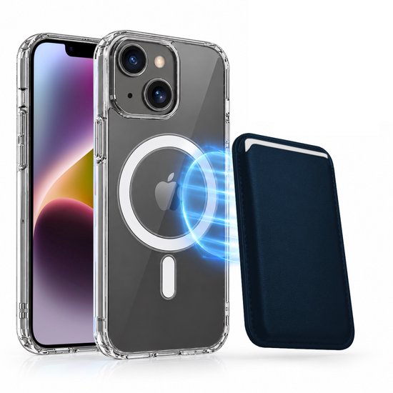 Magnetisch Hoesje Geschikt voor Magsafe inclusief Pasjeshouder - Creditkaarthouder - Hoesje + Kaarthouder Geschikt voor iPhone 14 Plus - Blauw