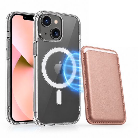 Magnetisch Hoesje Geschikt voor Magsafe inclusief Pasjeshouder - Creditkaarthouder - Hoesje + Kaarthouder Geschikt voor iPhone 13 Mini - Rosé Goud