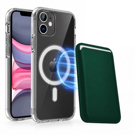 Magnetisch Hoesje Geschikt voor Magsafe inclusief Pasjeshouder - Creditkaarthouder - Hoesje + Kaarthouder Geschikt voor iPhone 11 - Groen
