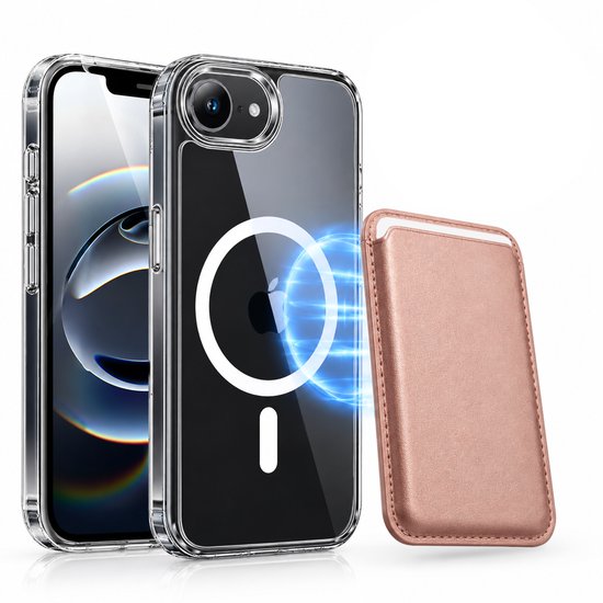 Magnetisch Hoesje Geschikt voor Magsafe inclusief Pasjeshouder - Creditkaarthouder - Hoesje + Kaarthouder Geschikt voor iPhone 17e / 16e - Rosé Goud