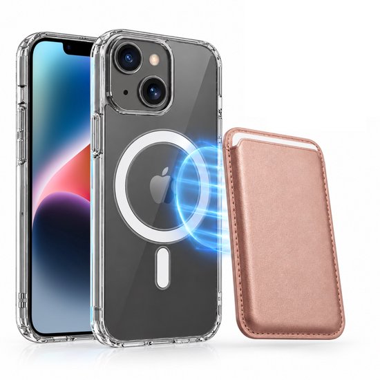 Magnetisch Hoesje Geschikt voor Magsafe inclusief Pasjeshouder - Creditkaarthouder - Hoesje + Kaarthouder Geschikt voor iPhone 14 - Rosé Goud