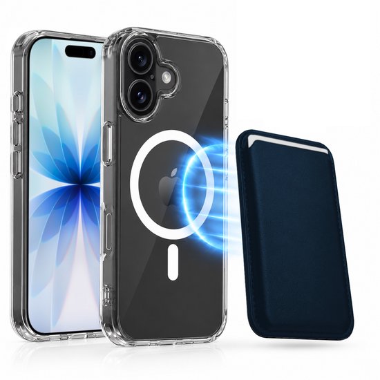 Magnetisch Hoesje Geschikt voor Magsafe inclusief Pasjeshouder - Creditkaarthouder - Hoesje + Kaarthouder Geschikt voor iPhone 17 - Blauw