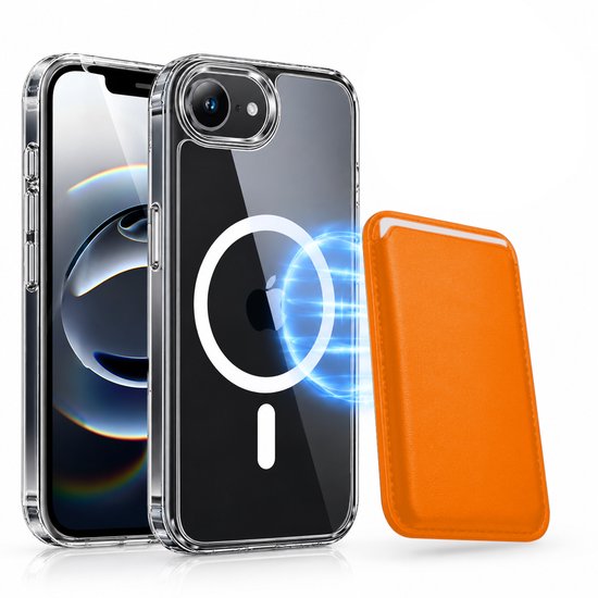 Magnetisch Hoesje Geschikt voor Magsafe inclusief Pasjeshouder - Creditkaarthouder - Hoesje + Kaarthouder Geschikt voor iPhone 17e / 16e - Oranje