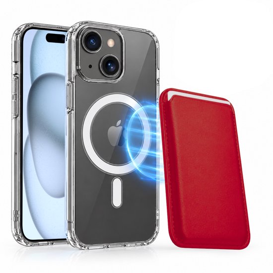 Magnetisch Hoesje Geschikt voor Magsafe inclusief Pasjeshouder - Creditkaarthouder - Hoesje + Kaarthouder Geschikt voor iPhone 15 Plus - Rood