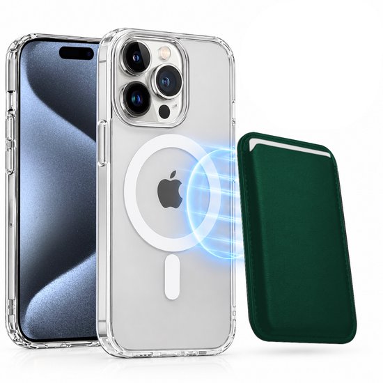 Magnetisch Hoesje Geschikt voor Magsafe inclusief Pasjeshouder - Creditkaarthouder - Hoesje + Kaarthouder Geschikt voor iPhone 15 Pro Max - Groen