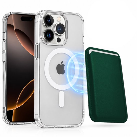 Magnetisch Hoesje Geschikt voor Magsafe inclusief Pasjeshouder - Creditkaarthouder - Hoesje + Kaarthouder Geschikt voor iPhone 16 Pro Max - Groen