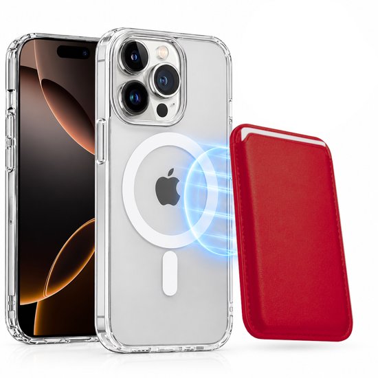 Magnetisch Hoesje Geschikt voor Magsafe inclusief Pasjeshouder - Creditkaarthouder - Hoesje + Kaarthouder Geschikt voor iPhone 16 Pro Max - Rood