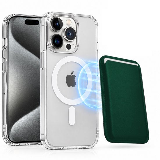 Magnetisch Hoesje Geschikt voor Magsafe inclusief Pasjeshouder - Creditkaarthouder - Hoesje + Kaarthouder Geschikt voor iPhone 15 Pro - Groen