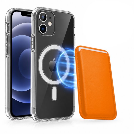 Magnetisch Hoesje Geschikt voor Magsafe inclusief Pasjeshouder - Creditkaarthouder - Hoesje + Kaarthouder Geschikt voor iPhone 12 Mini - Oranje
