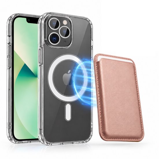 Magnetisch Hoesje Geschikt voor Magsafe inclusief Pasjeshouder - Creditkaarthouder - Hoesje + Kaarthouder Geschikt voor iPhone 13 Pro Max - Rosé Goud