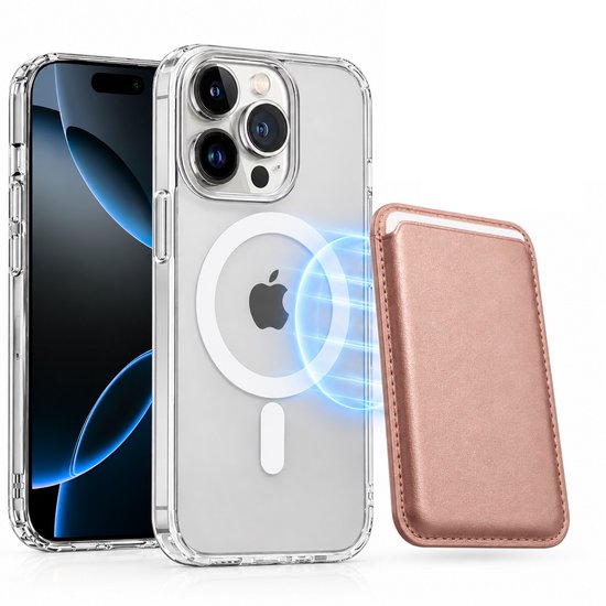 Magnetisch Hoesje Geschikt voor Magsafe inclusief Pasjeshouder - Creditkaarthouder - Hoesje + Kaarthouder Geschikt voor iPhone 16 Pro - Rosé Goud