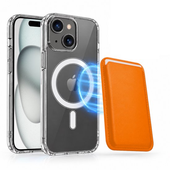 Magnetisch Hoesje Geschikt voor Magsafe inclusief Pasjeshouder - Creditkaarthouder - Hoesje + Kaarthouder Geschikt voor iPhone 15 - Oranje