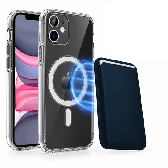 Magnetisch Hoesje Geschikt voor Magsafe inclusief Pasjeshouder - Creditkaarthouder - Hoesje + Kaarthouder Geschikt voor iPhone 11 - Blauw