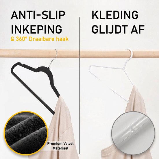 50 Stuks Premium Fluwelen Kledinghangers - Velvet Kleerhangers met Anti-Slip - Broekhanger Volwassenen - Zwart