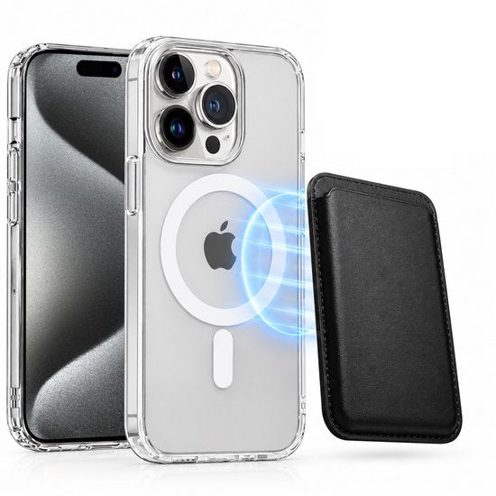 Magnetisch Hoesje Geschikt voor Magsafe inclusief Pasjeshouder - Creditkaarthouder - Hoesje + Kaarthouder Geschikt voor iPhone 15 Pro - Zwart