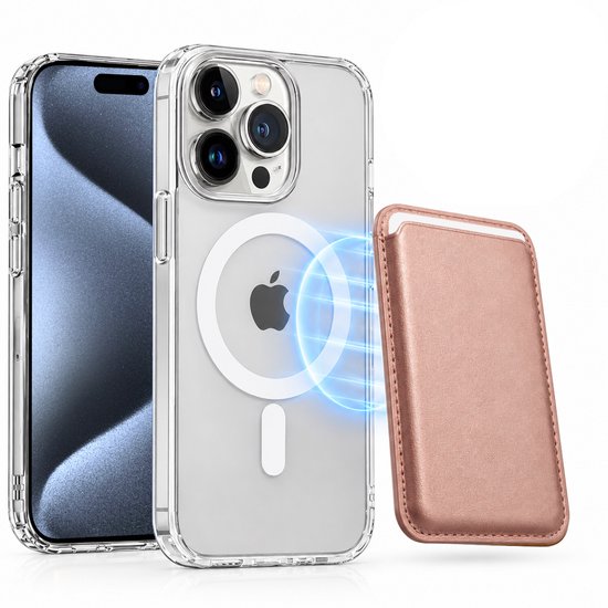 Magnetisch Hoesje Geschikt voor Magsafe inclusief Pasjeshouder - Creditkaarthouder - Hoesje + Kaarthouder Geschikt voor iPhone 15 Pro Max - Rosé Goud