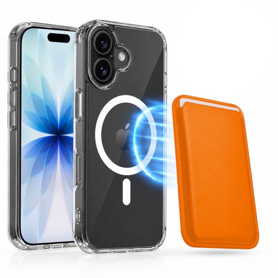 Magnetisch Hoesje Geschikt voor Magsafe inclusief Pasjeshouder - Creditkaarthouder - Hoesje + Kaarthouder Geschikt voor iPhone 17 - Oranje