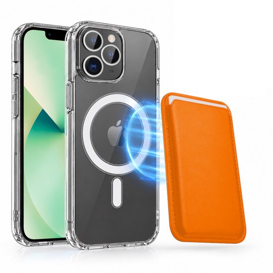 Magnetisch Hoesje Geschikt voor Magsafe inclusief Pasjeshouder - Creditkaarthouder - Hoesje + Kaarthouder Geschikt voor iPhone 13 Pro Max - Oranje