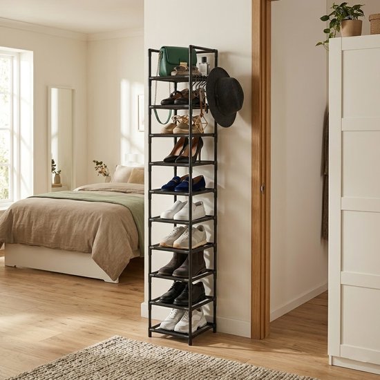 Schoenenrek met 10 Niveaus - Open Schoenenkast - Opbergen van Schoenen - Schoenenbank Industrieel - Zwart