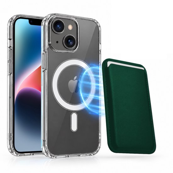 Magnetisch Hoesje Geschikt voor Magsafe inclusief Pasjeshouder - Creditkaarthouder - Hoesje + Kaarthouder Geschikt voor iPhone 14 - Groen