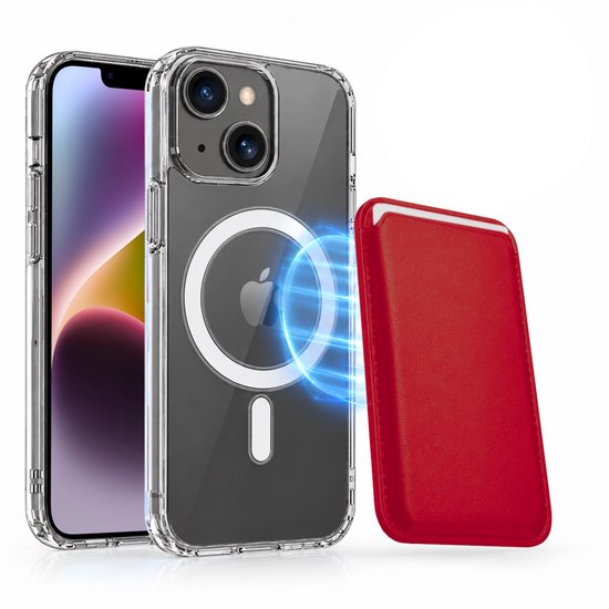 Magnetisch Hoesje Geschikt voor Magsafe inclusief Pasjeshouder - Creditkaarthouder - Hoesje + Kaarthouder Geschikt voor iPhone 14 Plus - Rood