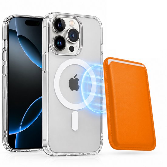 Magnetisch Hoesje Geschikt voor Magsafe inclusief Pasjeshouder - Creditkaarthouder - Hoesje + Kaarthouder Geschikt voor iPhone 16 Pro - Oranje