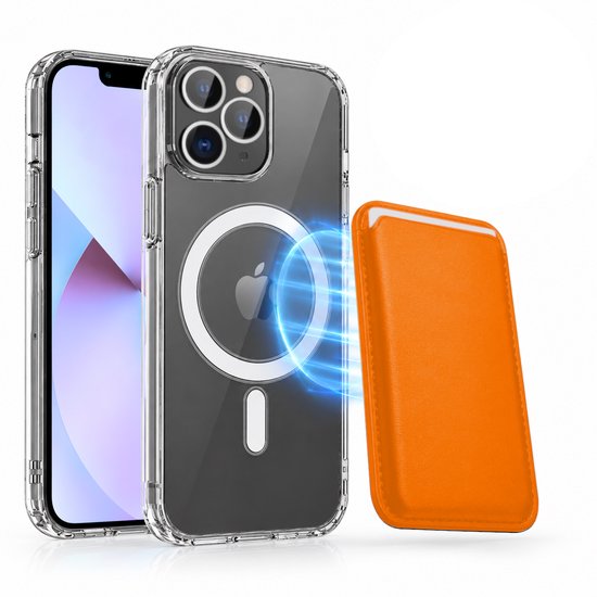 Magnetisch Hoesje Geschikt voor Magsafe inclusief Pasjeshouder - Creditkaarthouder - Hoesje + Kaarthouder Geschikt voor iPhone 13 Pro - Oranje