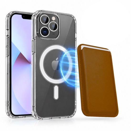 Magnetisch Hoesje Geschikt voor Magsafe inclusief Pasjeshouder - Creditkaarthouder - Hoesje + Kaarthouder Geschikt voor iPhone 13 Pro - Bruin