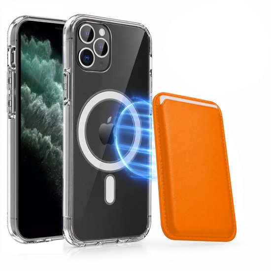 Magnetisch Hoesje Geschikt voor Magsafe inclusief Pasjeshouder - Creditkaarthouder - Hoesje + Kaarthouder Geschikt voor iPhone 11 Pro - Oranje