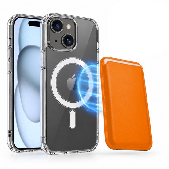 Magnetisch Hoesje Geschikt voor Magsafe inclusief Pasjeshouder - Creditkaarthouder - Hoesje + Kaarthouder Geschikt voor iPhone 15 Plus - Oranje