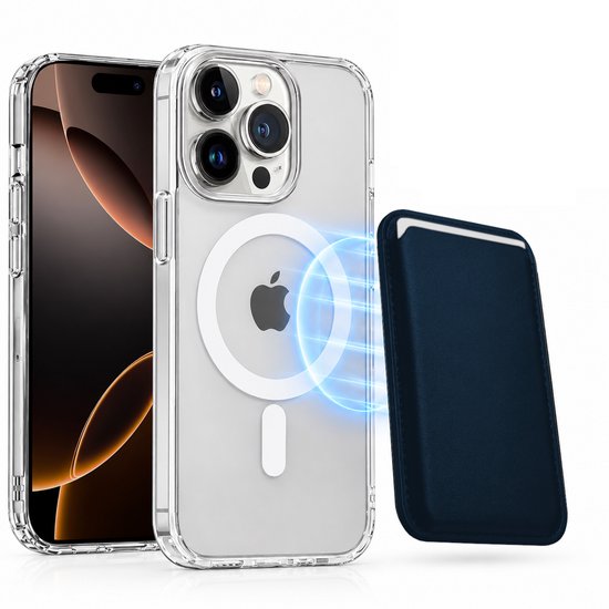 Magnetisch Hoesje Geschikt voor Magsafe inclusief Pasjeshouder - Creditkaarthouder - Hoesje + Kaarthouder Geschikt voor iPhone 16 Pro Max - Blauw