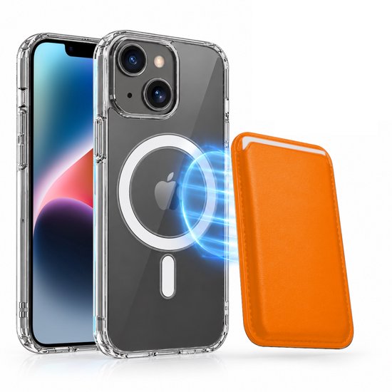 Magnetisch Hoesje Geschikt voor Magsafe inclusief Pasjeshouder - Creditkaarthouder - Hoesje + Kaarthouder Geschikt voor iPhone 14 - Oranje