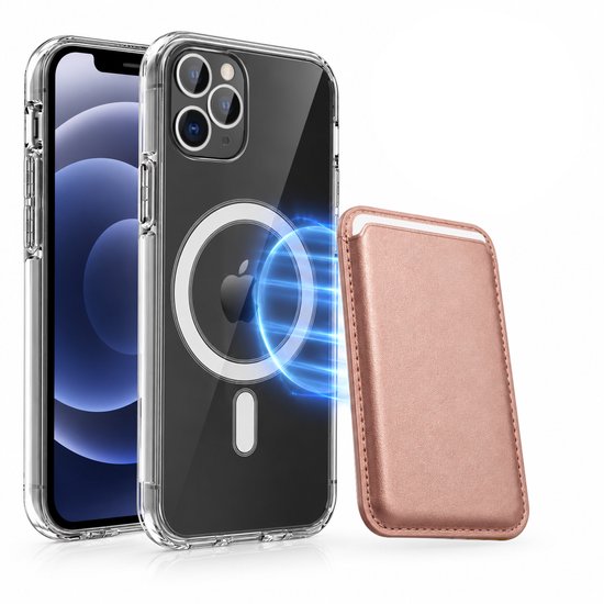 Magnetisch Hoesje Geschikt voor Magsafe inclusief Pasjeshouder - Creditkaarthouder - Hoesje + Kaarthouder Geschikt voor iPhone 12 Pro Max - Rosé Goud